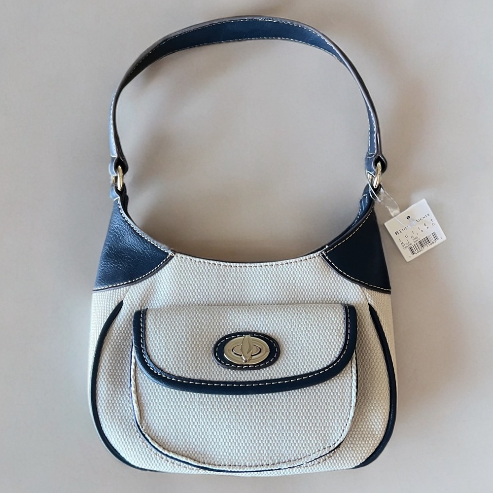 NWT Etienne Aigner Juliet Mini Straw Bag – Navy & Cream Nautical Style - Picture 2 of 12